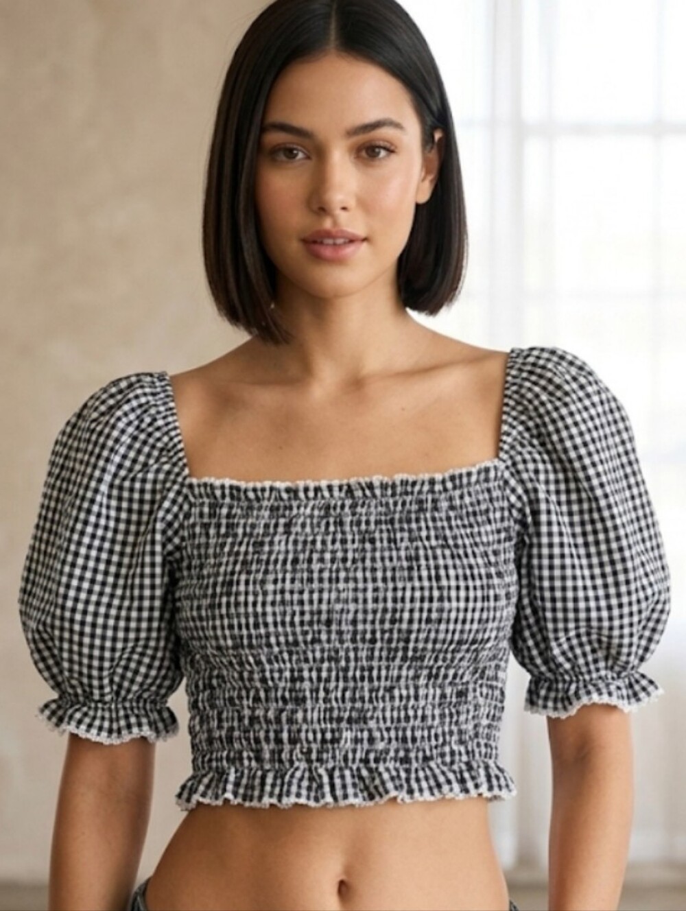 SHEIN Black & White Gingham Smocked Puff Sleeve Crop Top - Size M